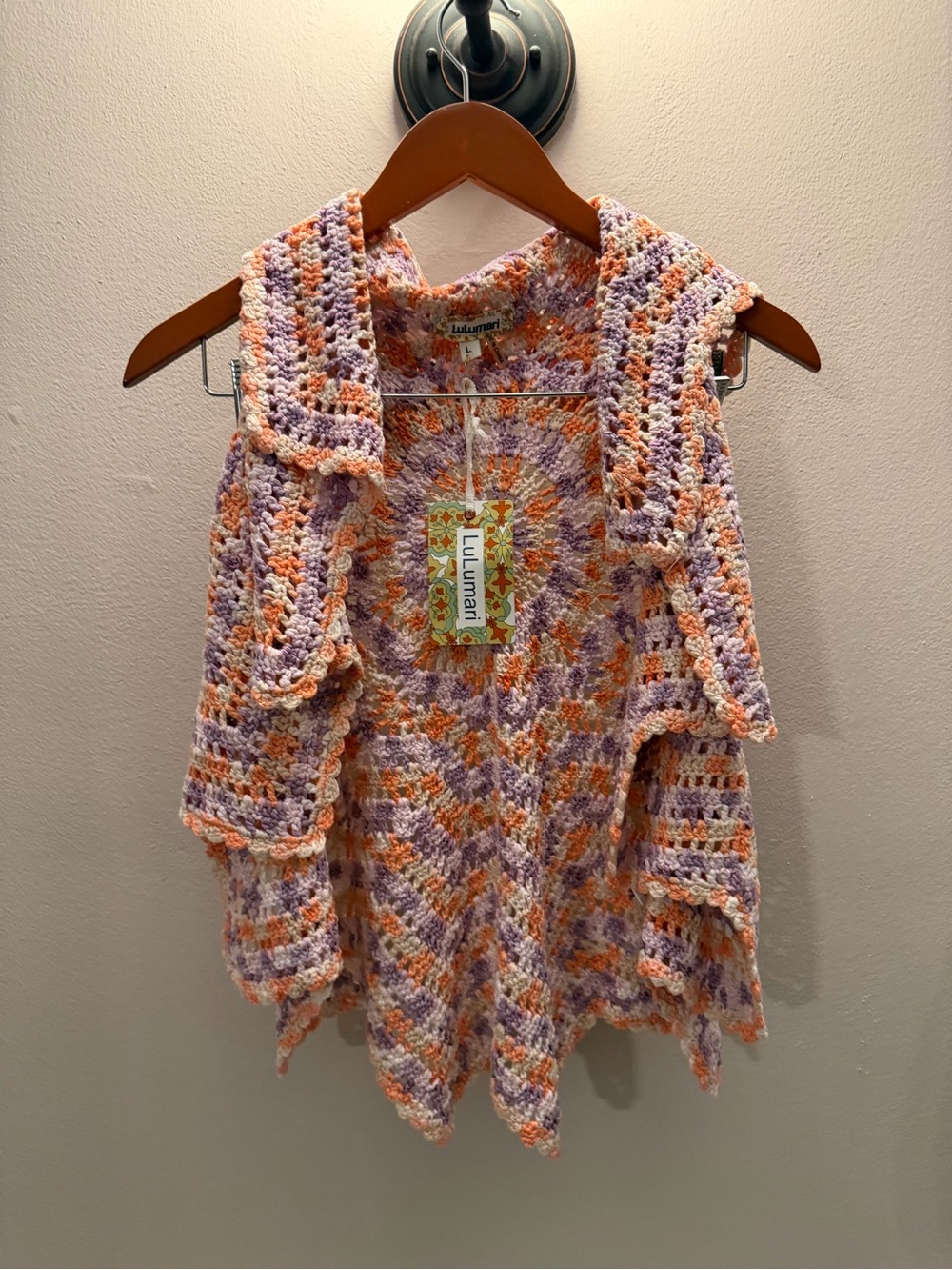 Lulumari Lavender & Peach Crochet Cardigan Vest Large NWT